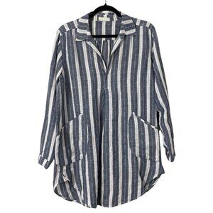 CP Shades 100% Linen Teton Tunic Oversized Relaxed XS Denim Blue Cream Stripe